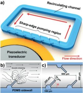Three-panel schematic of microfluidic device showing acoustic streaming and sharp-edge geometry.