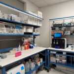 Clean lab workspace with labeled shelves, scientific tools, and diagnostic equipment.